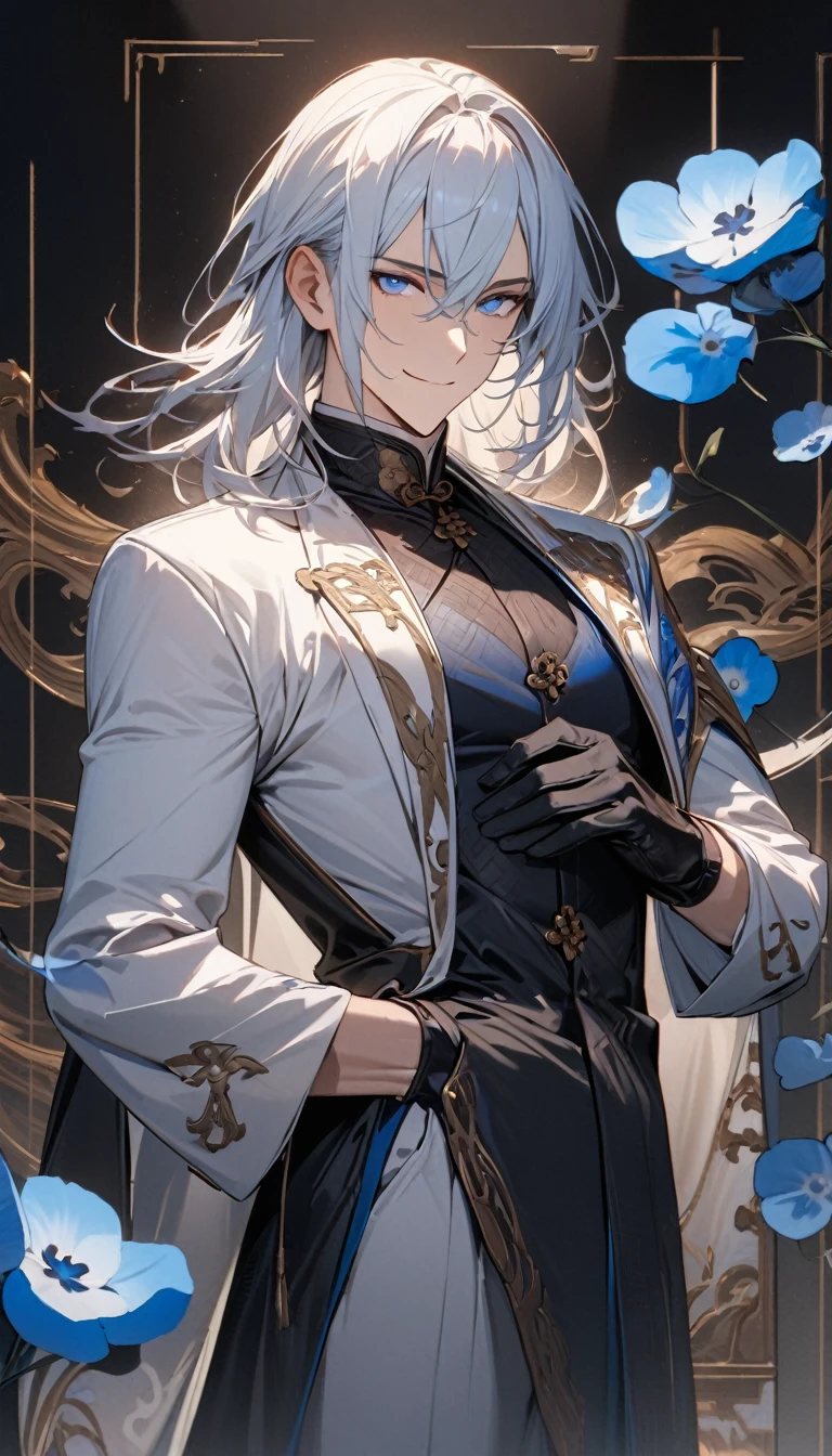 (masterpiece:1.5)，best quality，(1 Handsome man)，alone，white medium length hair，(blue eyes), (A soft and confident smile)，perfect face，Fantasy Chinese style，Long black trench coat，white and blue cloth，Complex clothing design with Chinese elements，Black leather gloves，white lining，White suit pants，Slightly muscular body，High，8K，Beautiful contrast of light and shadow，Dark luxury background，(complete upper body)，Positive face，((Nemophila))，luxury screen，blue flowers