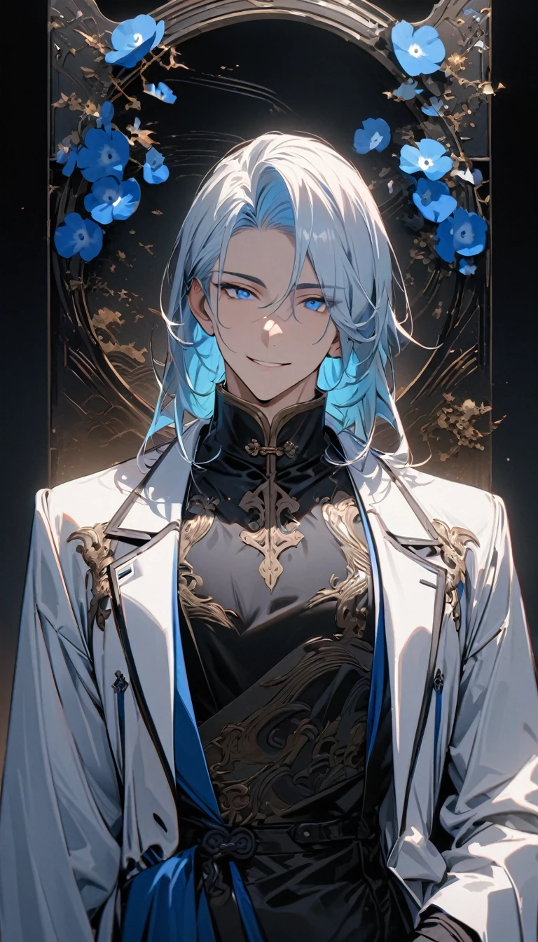 (masterpiece:1.5),best quality,(1 Handsome man),alone,white medium length hair,(blue eyes), (A soft and confident smile),perfect face,Fantasy Chinese style,Long black trench coat,white and blue cloth,Complex clothing design with Chinese elements,Black leather gloves,white lining,White suit pants,Slightly muscular body,High,8K,Beautiful contrast of light and shadow,Dark luxury background,(complete upper body),Positive face,((Nemophila)),luxury screen,blue flowers