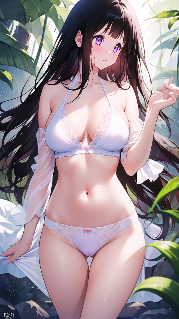 Beautiful Chitanda,只有一个beautiful girl,Purple Eyes, Black Hair, Natural straight hair, Straight bangs,Extremely refined,open your lips,Face is so red,Very white skin,Skin as delicate as porcelain,Glowing skin,big eyes,Flowing long hair,beautiful girl, Like a dream,Slim,Slim waist,Soft, (Sensual), (Kawaii), Dream quality,In the rainforest,Hold your in your hands,Sweaty and sweaty,Profile,Side breastsear Rain,Completely naked,Gluteal e,Completely naked的背部,nacked hip belly,very close,Deep V neckline,Loose neckline,Beautiful big breasts,No pants,Delcle,Delicate hands and feet,Bare neck,There is no decoration on the neck,Bare thighs,Exposing the groin,Camel toe,extremely shy,Ultra-high n, (masterpiece:1.2, best quality), (Delicate and beautiful eyes: 1.2), (Beautiful and delicate face)
