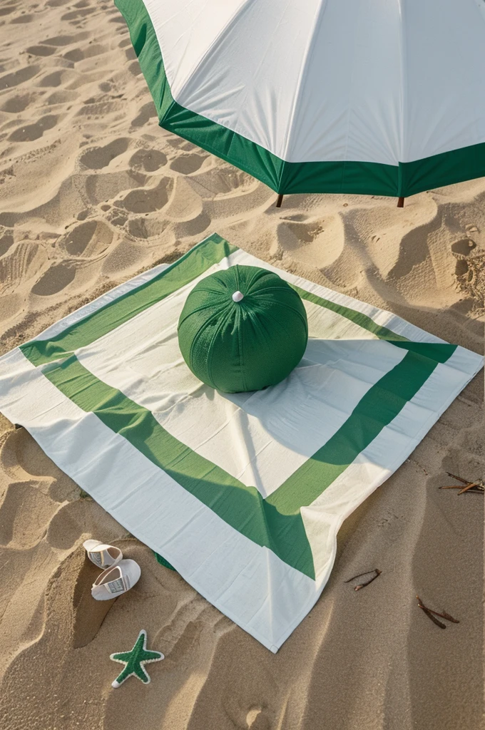 counter cover until the floor with a sriped green and white towel with a striped green and white sun umbrella on the beach