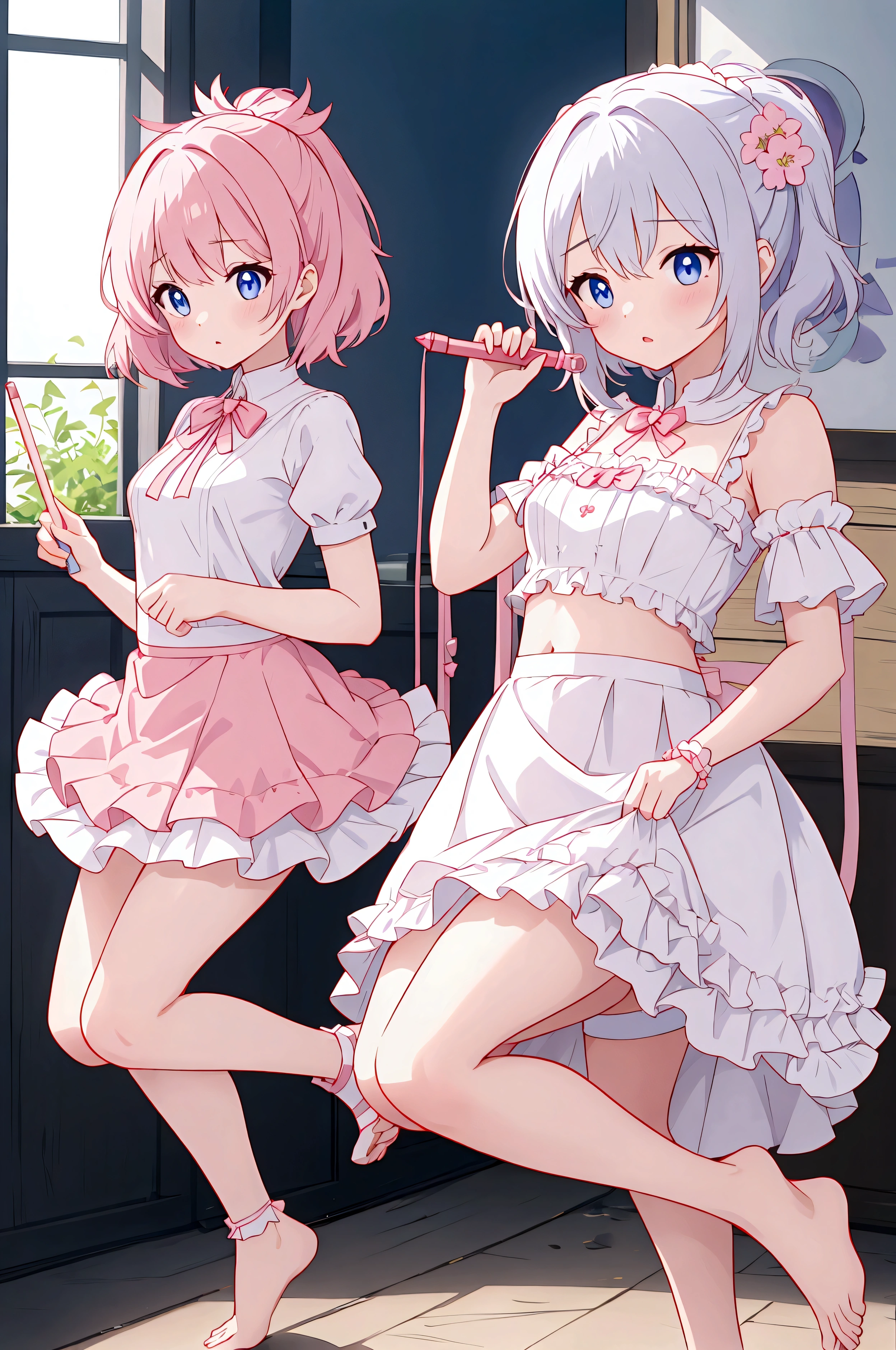 Plain white with emphasis on the chestTshirt、You can see the chest from the neck、Ultramarine and white striped mini skirt、When you lift up her skirt you can see her cute pink frilly underwear.、A fluffy, white ruffled flared skirt、When she flipped her skirt up, she found cute red ruffled underwear、barefoot、hot spring、Three girls of different heights Magical girl with magic wand、