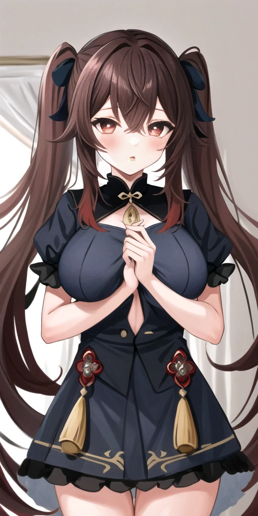 masterpiece, highest quality,
1 girl, Futao (genshin impact), Butao,have, red eyes, twin tails, brown hair, alone, pupil in the shape of a symbol, long hair,bangs, , Super big breasts, holding a breast, nudeshiny skin