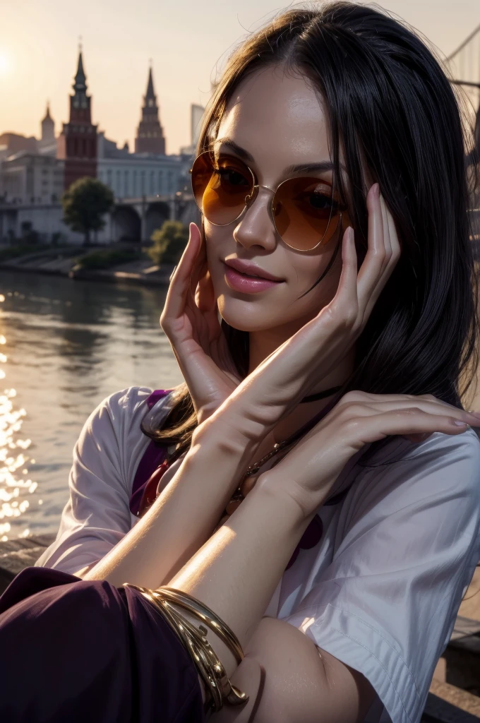 masterpiece, best quality, extremely detailed, hyperrealistic:1.1, photorealistic, a beautiful 20s russian model, ultra detailed face:1.1, sunglasses on head:1.1, purple mock neck t-shirt:1.1, black hair, x-arms:1.3, eye closed:1.3, city, river, in the sunset, warm smile, dynamic angle