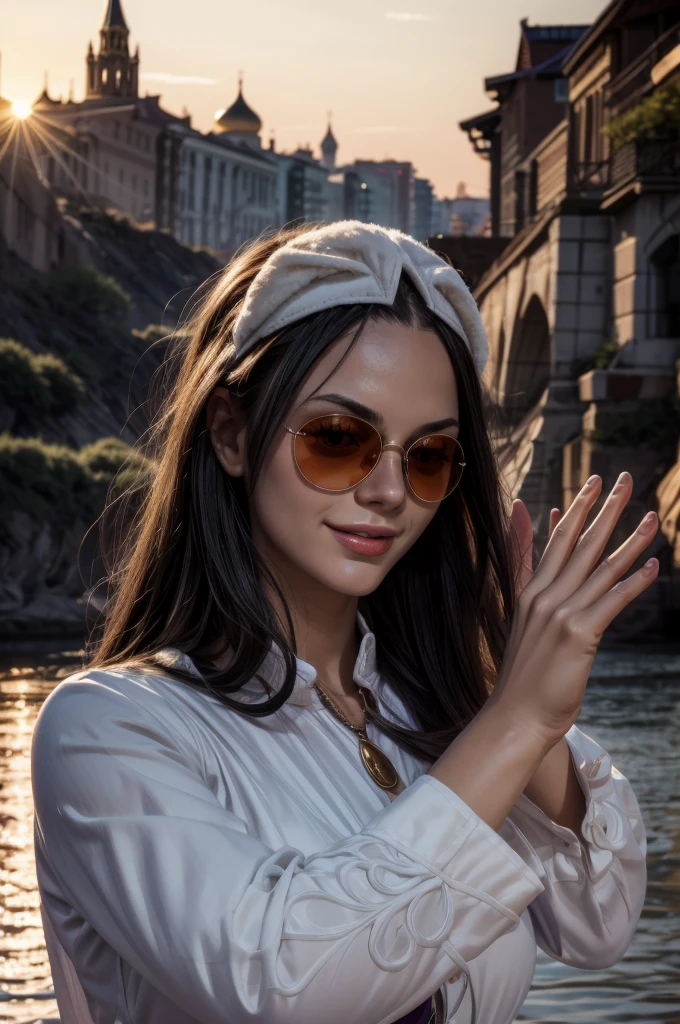 masterpiece, best quality, extremely detailed, hyperrealistic:1.1, photorealistic, a beautiful 20s russian model, ultra detailed face:1.1, sunglasses on head:1.1, purple mock neck t-shirt:1.1, black hair, x-arms:1.3, eye closed:1.3, city, river, in the sunset, warm smile, dynamic angle