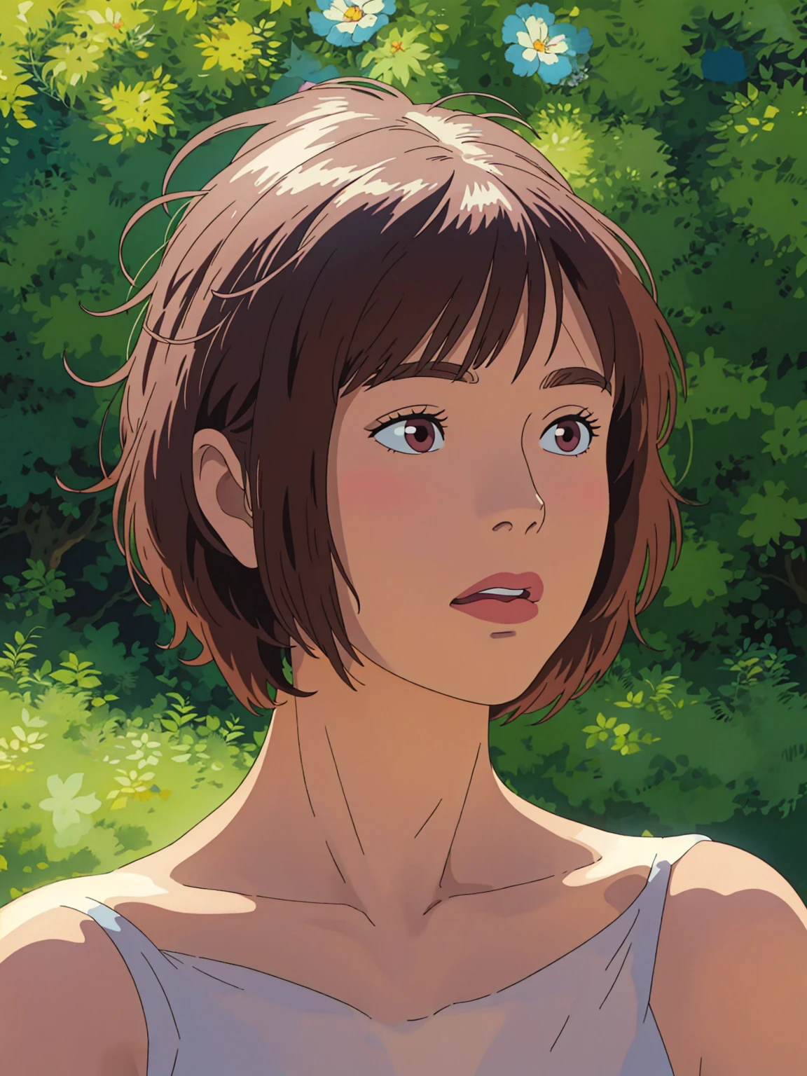 A short-haired woman poses for a photo, Beautiful Latin face, Ghibli style, ((masterpiece)),((best quality)),(detailed),illustration,8K,rich and colorful, High contrast