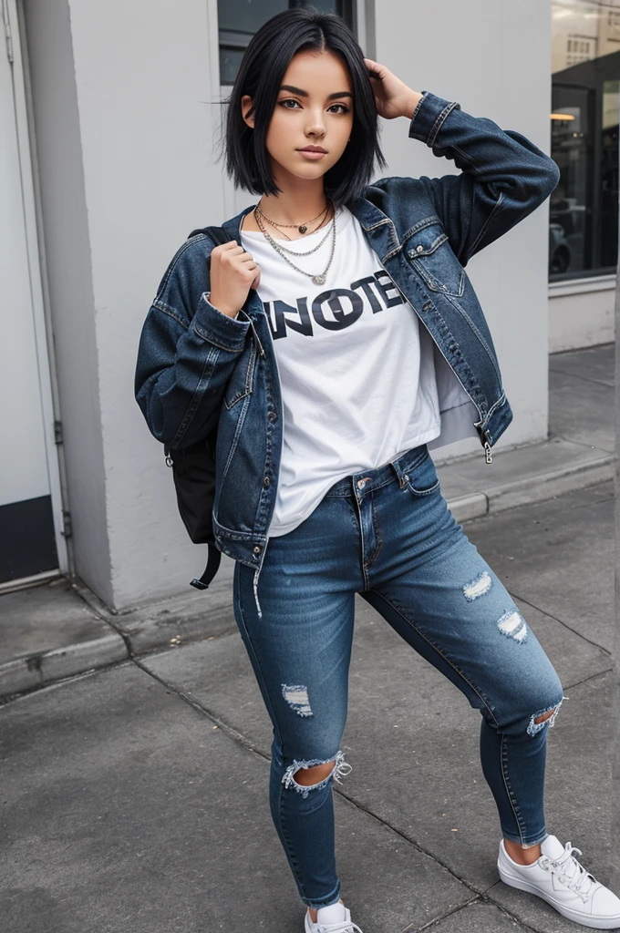 An 19 year old girl wearing:
Jacket: Denim jacketTop: Graphic teeBottoms: Black skinny jeansShoes: White sneakersAccessories: Simple necklace, backpack