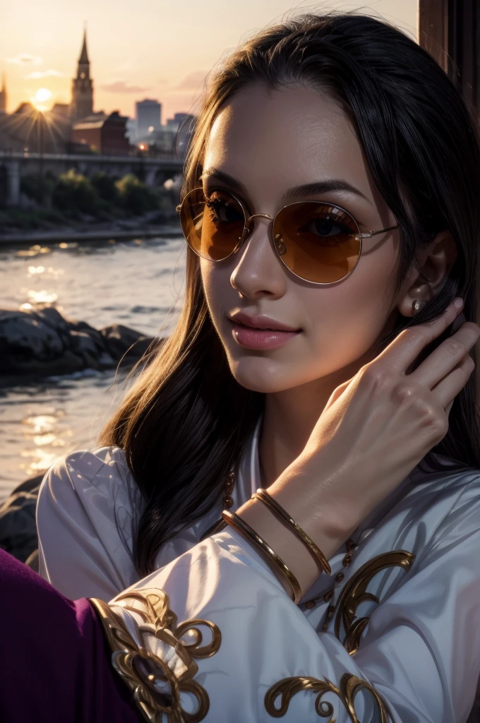 masterpiece, best quality, extremely detailed, hyperrealistic:1.1, photorealistic, a beautiful 20s russian model, ultra detailed face:1.1, sunglasses on head:1.1, purple mock neck t-shirt:1.1, black hair, x-arms:1.3, eye closed:1.3, city, river, in the sunset, warm smile, dynamic angle
