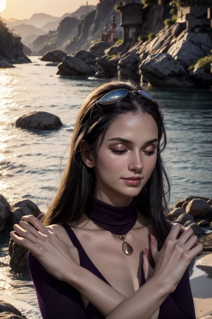 masterpiece, best quality, extremely detailed, hyperrealistic:1.1, photorealistic, a beautiful 20s russian model, ultra detailed face:1.1, sunglasses on head:1.1, purple mock neck t-shirt:1.1, black hair, x-arms:1.3, eye closed:1.3, city, river, in the sunset, warm smile, dynamic angle