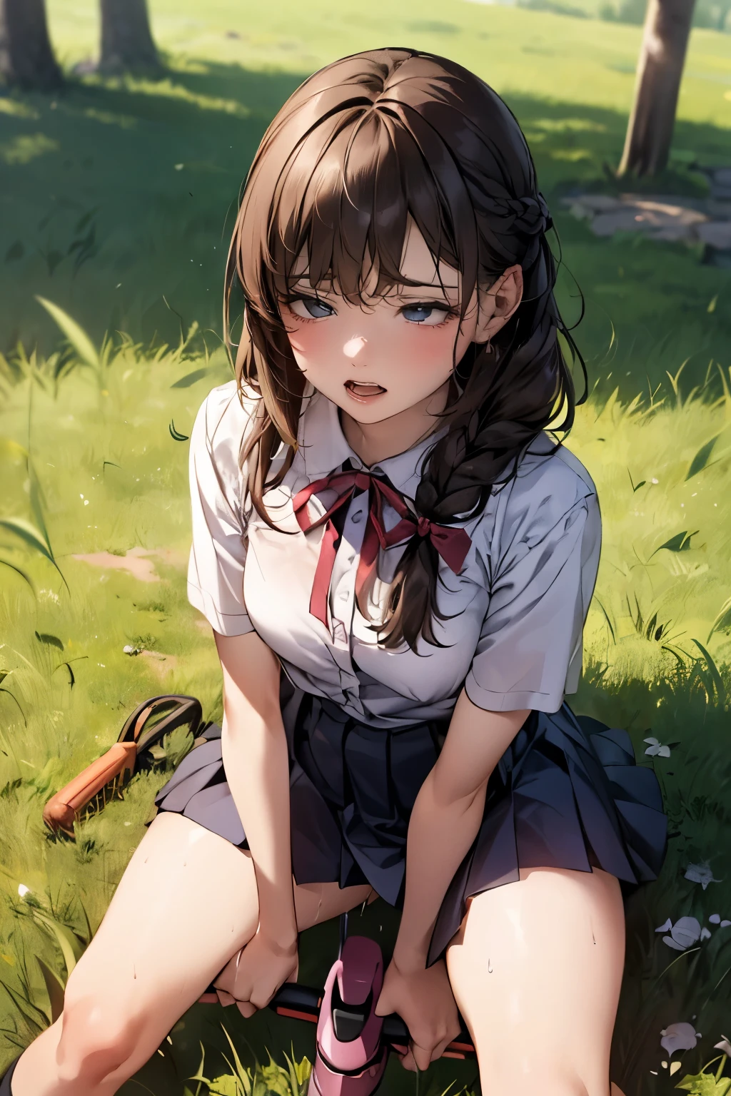 (round face), eyes with realistic sizing, drooping eyes, blush, sweat, shame, pleated skirt, ribbon, (ecstasy face, lewd girl), (standing and straddling to hit her crotch against a vibrating grass trimmer, masturbating with complete concentration), braid, sneakers, 