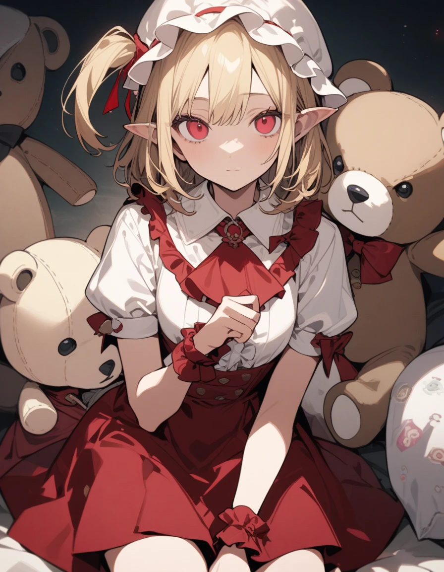 masterpiece, highest quality, Illustration of the novel, High resolution, ??? Adult content, Sensual, Intimate, Emotional, Passionate, romantic, sweet, Adorable, Innocent, Pure, Charmな, Charmな, Charm, Mysterious, Charmな, Charmな, Immersive, Charmな, dream-like, Surreal, Imaginative, Whimsical, artistic, Avant-garde, timeless, elegant, Sophisticated, chic, Sophisticated, personality, original, Charmな,One girl, Flanders Scarlet, East, Have, Mob Cap, alone, Blonde Hair, stuffed toy, red Best, wing, 動物のstuffed toy, teddy bear, Red eyes, crystallization, Best, White Hat, Outdoor, Short sleeve, One side up, Holding, Puffy sleeves, skirt, shirt, Pointed Ears, red skirt, View Viewer, puffy Short sleeve, Ascot, yellow Ascot, Wrist cuff, white shirt, Holding stuffed toy, bow, Frills, red bow, collared shirt, ribbon, frilled shirt collar, red ribbon, Medium Hair Masterpiece, highest quality, so beautiful, Absurd