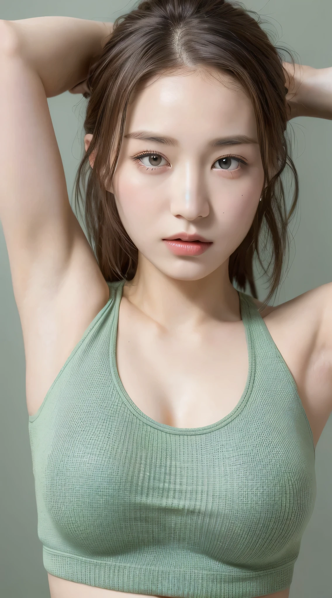((Best quality, 8k, Masterpiece :1.3)), 1girl, Pretty woman with emphasizing slender abs :1.3, (random hairstyles :1.2), Oversized tank top :1.2, Ultra-detailed face, Detailed eyes, Double eyelid, armpit