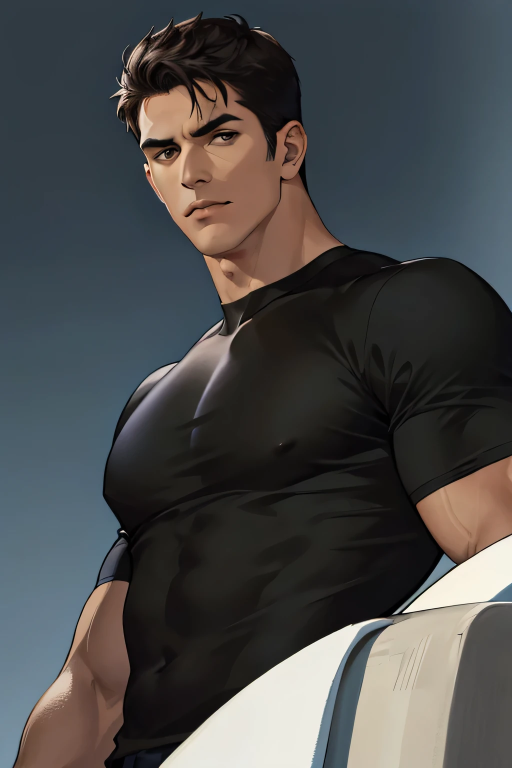 (a high resolution, Super detailed, realistic, ), 1 man, One, adult, mature, Tall and muscular man, broad shoulders, good looking, short hair, black hair, Brown eyes, square jaw, thick eyebrows, night, dark, black T-shirt, Upper body, portrait, (dark-skinned, tanned skin), serious look, confident facial expression, (plain background)