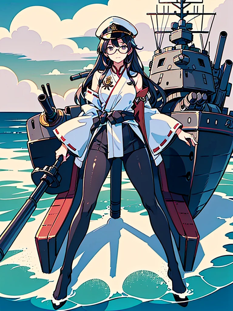 ((((Full body of a woman with perfect flat chest、Short, unkempt black hair、white military jacket、Miko costume、tights、Black glasses、White military cap、Cloudy eyes、Sleepy expression)))), (((masterpiece))), (((Shipgirl))), (Another woman hugging、Long purple hair、Messy Hair、Big Breasts、Miko costume), ((Floating on the morning sea with both feet)), (Spread your legs wide open), (Holding the baton in his right hand), (Mechanical arms extending from the waist are used to equip the ship with battleship equipment.), (Equipped with a turret on the back), (Holds the turret with his left arm), Torpedo tubes on thighs, Spreading the Machine's Wings, Machine tail, shotgun,