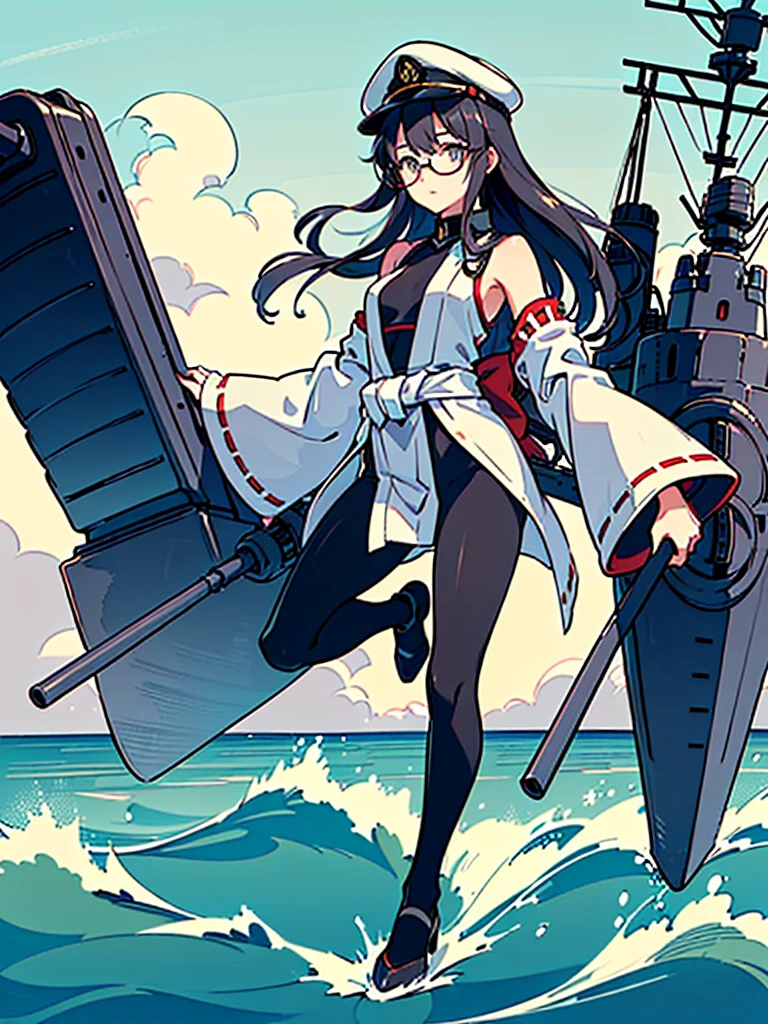 ((((Full body of a woman with perfect flat chest、Short, unkempt black hair、white military jacket、Miko costume、tights、Black glasses、White military cap、Cloudy eyes、Sleepy expression)))), (((masterpiece))), (((Shipgirl))), (Another woman hugging、Long purple hair、Messy Hair、Big Breasts、Miko costume), ((Floating on the morning sea with both feet)), (Spread your legs wide open), (Holding the baton in his right hand), (Mechanical arms extending from the waist are used to equip the ship with battleship equipment.), (Equipped with a turret on the back), (Holds the turret with his left arm), Torpedo tubes on thighs, Spreading the Machine's Wings, Machine tail, shotgun,