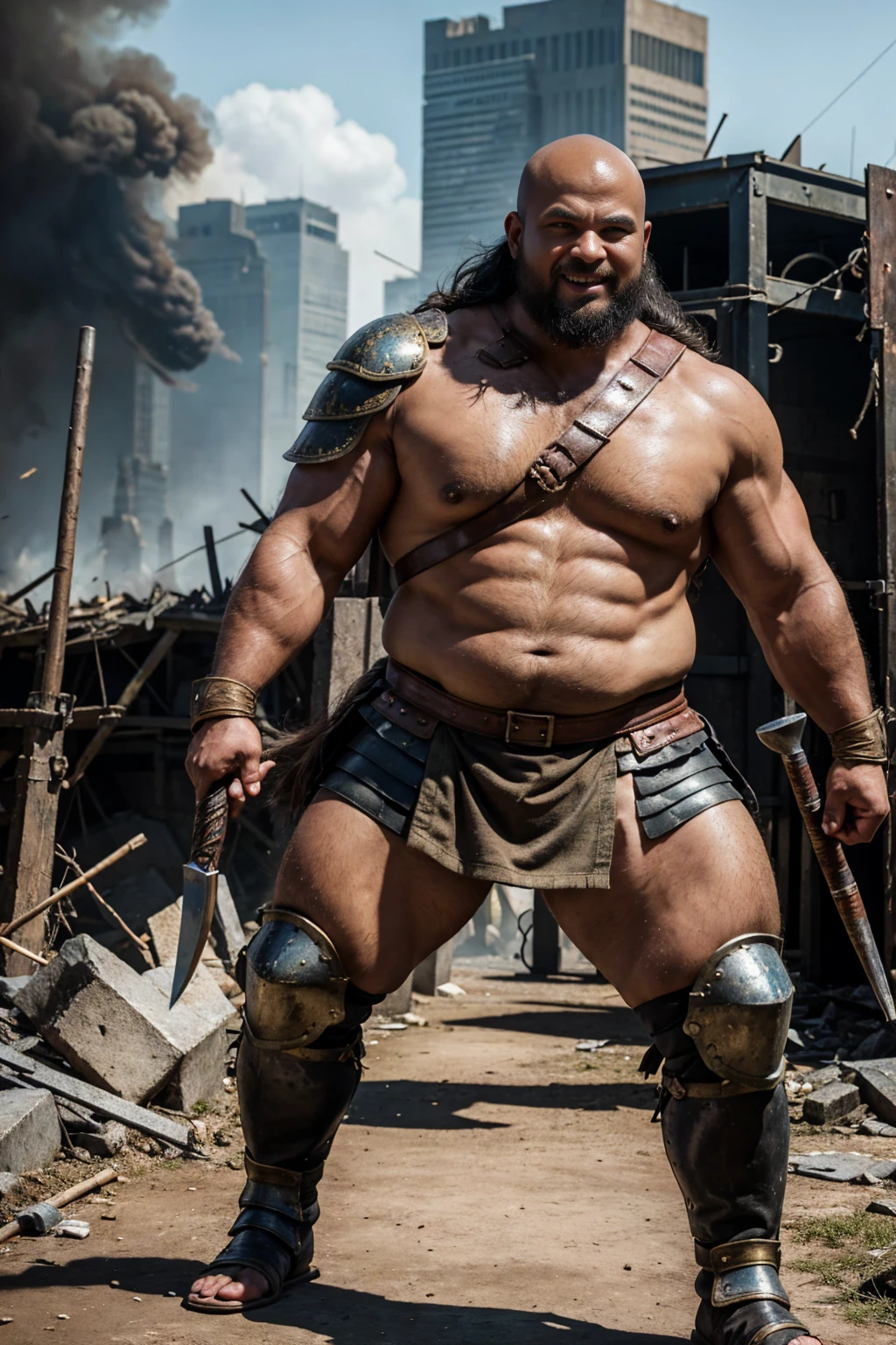 looking at us, shoot from front, face focus, Bandit, Fat ferocious barbarian:2, This barbarian is a robust stocky Japanese, smirking, mid combat, intense battle scene, leather and iron armor, armored short skirt, holding a Viking War Axes, viking helmet, legs exposed from thighs to feet, fierce warriors, ancient battlefields, epic showdown, battleground background, masterpiece, volumetric lighting, Dramatic, Uighur the Warden, breathtaking action, dynamic poses, bald, ((ultra sharp)), ((masterpiece)), ((best quality)), ((ultra detailed)), ((intricate details)), Inguinal region detailed, Dilapidated, breathtaking action, destroyed city after big air raids, fire, A desolate, post-apocalyptic cityscape, A brutal scene, lets out a yell, casting an ominous shadow, 