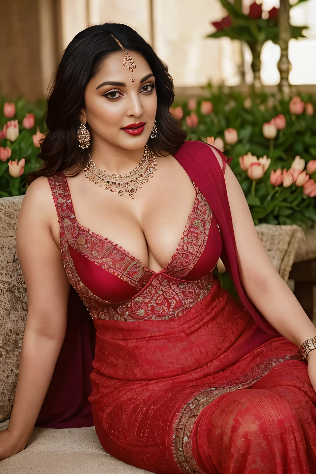 close up photo of  kiara, curvy, hourglass figure, swooping breasts, deep cleavage, seductive eyes, look at viewer, tulip garden, necklace,  spreading her legs to show her pussy, Slim  Shape , salwar suit, red lips, sultry, long hair, (cinematic:1.3), intricate details, (ArtStation:1.2)