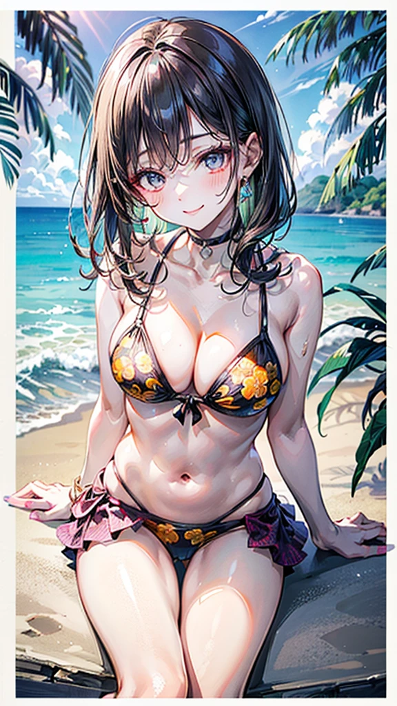 (Best quality, 8k, 32k, Masterpiece, UHD,:1.2),RAW, 2girls,ultra cute , natural lighting,transparent shining eyes, 20yo,medium breast ,fair complexion ,flushed face,dynamic Lighting, A vibrant, sheertunic in tropical floral print with plunging decollete neckline, lightweight fabric and breezy, perfect for beach orresort setting. Undergarment, bright coordinating bikinitop in solid color. one of floral print hues, High-waisted bikini bottoms in color to top, cohesive and vibrant look. Happily Smiling