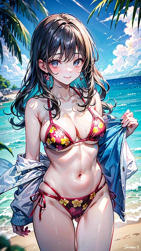 (Best quality, 8k, 32k, Masterpiece, UHD,:1.2),RAW, 2girls,ultra cute , natural lighting,transparent shining eyes, 20yo,medium breast ,fair complexion ,flushed face,dynamic Lighting, A vibrant, sheertunic in tropical floral print with plunging decollete neckline, lightweight fabric and breezy, perfect for beach orresort setting. Undergarment, bright coordinating bikinitop in solid color. one of floral print hues, High-waisted bikini bottoms in color to top, cohesive and vibrant look. Happily Smiling