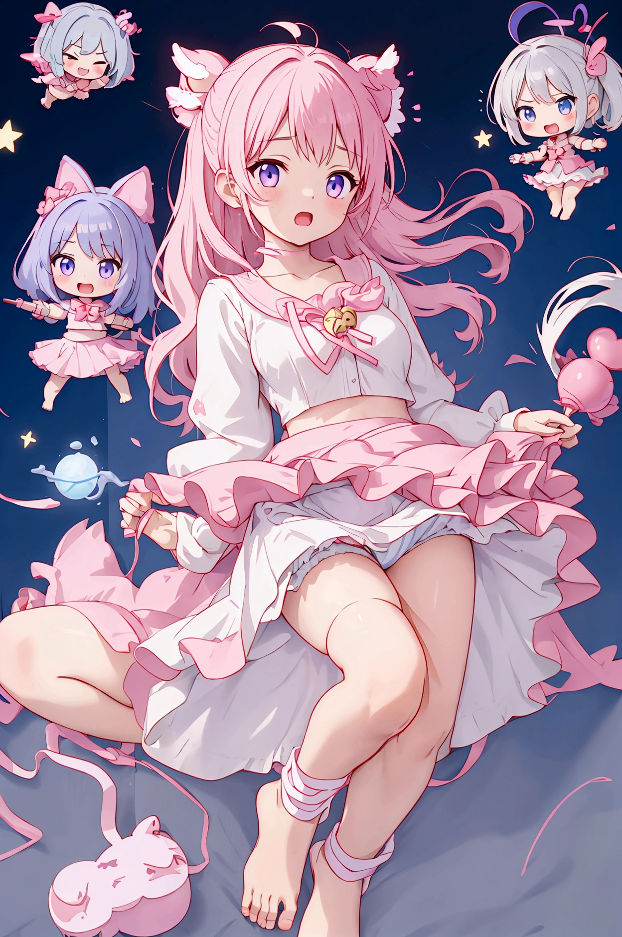 Plain white with emphasis on the chestTshirt、You can see the chest from the neck、Ultramarine and white striped mini skirt、When you lift up her skirt you can see her cute pink frilly underwear.、A fluffy, white ruffled flared skirt、When she flipped her skirt up, she found cute red ruffled underwear、barefoot、classroom、Three girls of different heights Magical girl with magic wand、
