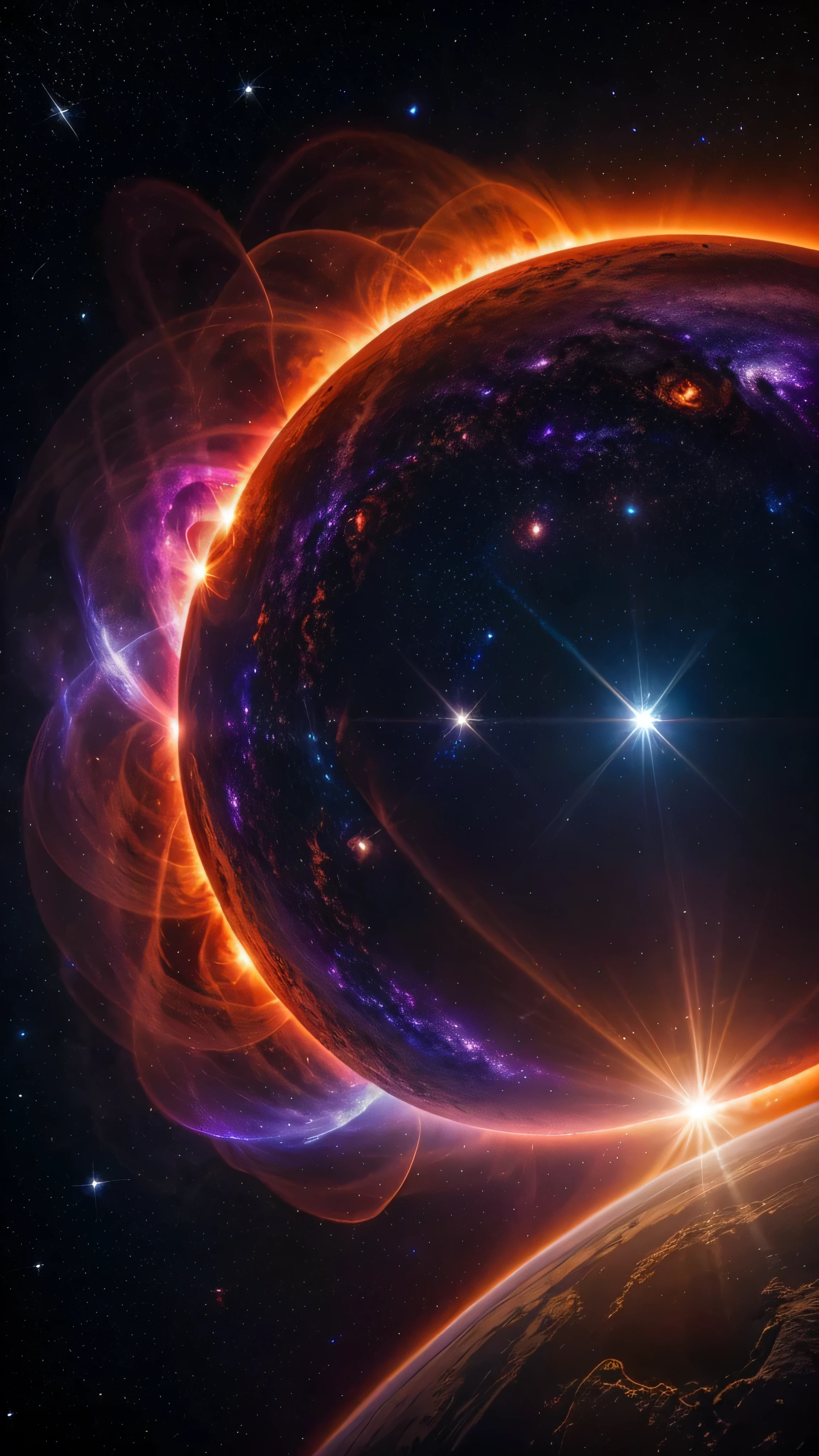 In the quiet silence of the universe, Chic and eerie solar flares dance across the vast sky. This fascinating phenomenon, Captured in a captivating photograph, Displays sun rays with an otherworldly glow, Defying the Nature of the Celestial Bodies. A vibrant mix of shimmering purple and ethereal blue, Creating a stunning sight against the velvet blackness of space. The brilliance of the flare is captured beautifully., Viewers can witness a celestial ballet of light and energy. Attention to detail, Every explosion and wave of the flare is depicted with amazing accuracy., Immerse the viewer in awe-inspiring beauty.