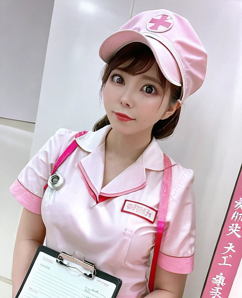 Full body portrait、pink_Young and very beautiful nurse in sexy tight nurse uniform、Big breasts that seem to burst out of the nurse uniform、Highly detailed facial features、Long eyelashes、Thick lips、Beautiful Eyes、Perfect Skin、Ideal proportions、Nurse cap、Holding a medical clipboard、Captivating look、Photorealistic、8k、Super detailed、Cinematic lighting、Dramatic Shadows、Warm tones