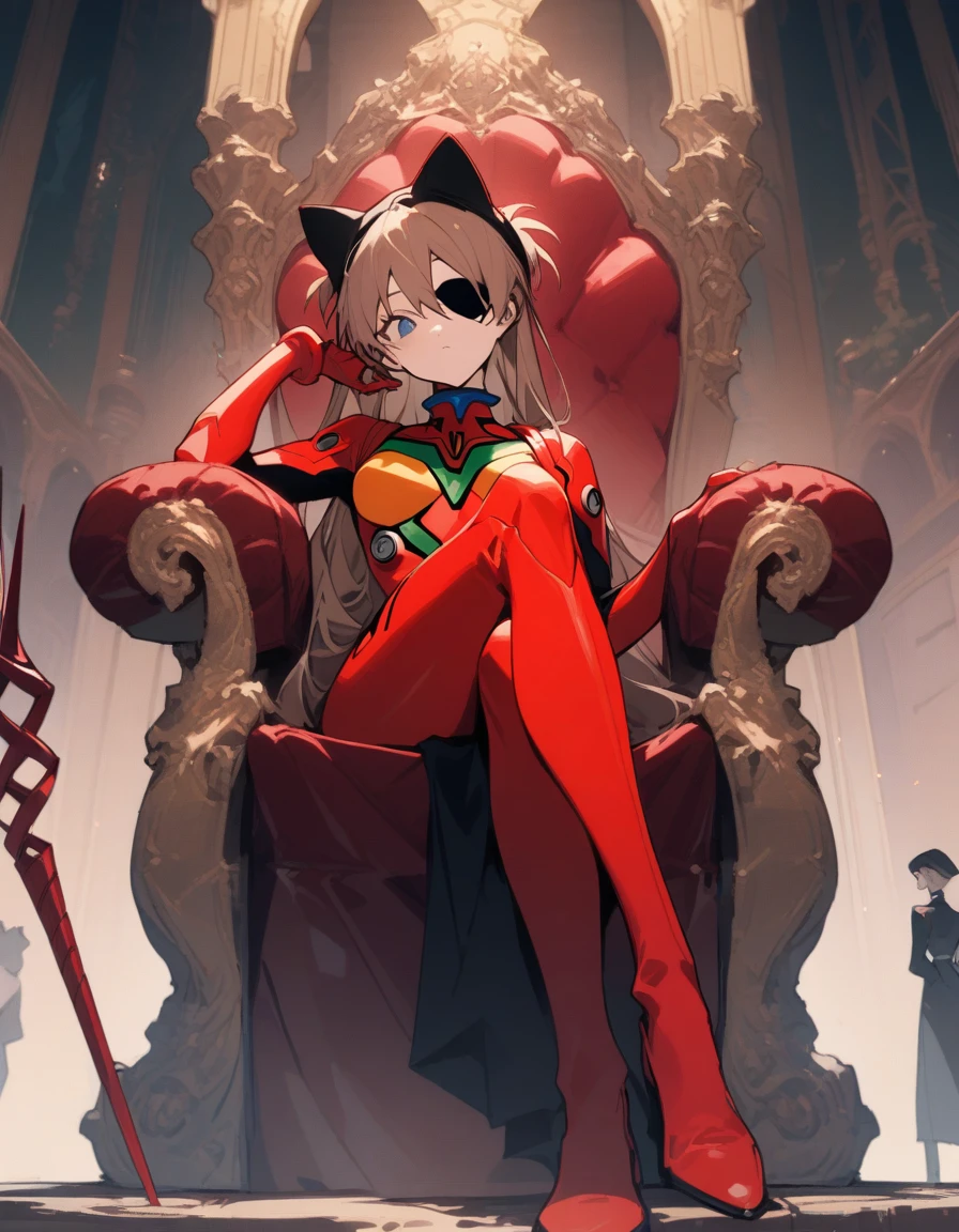 masterpiece, highest quality, Illustration of the novel, High resolution, 18+ Adult content, Sensual, Intimate, Emotional, Passionate, romantic, sweet, Adorable, Innocent, Pure, Charmな, Charmな, Charm, Mysterious, Charmな, Charmな, Immersive, Charmな, dream-like, Surreal, Imaginative, Whimsical, artistic, Avant-garde, timeless, elegant, Sophisticated, chic, Sophisticated, personality, original, Charmな,One girl, Soryu Asuka Langley, Neon Genesis EVANGELION, Evangelion New Theatrical Version, Lance of Longinus, Cat hat, Plug Suit, Pilot Suit, Red bodysuit, Sitting, Crossing your legs, Black eyepatch, Throne, Looking down, From below, View Viewer, Outdoor, masterpiece, highest quality, so beautiful, Absurd