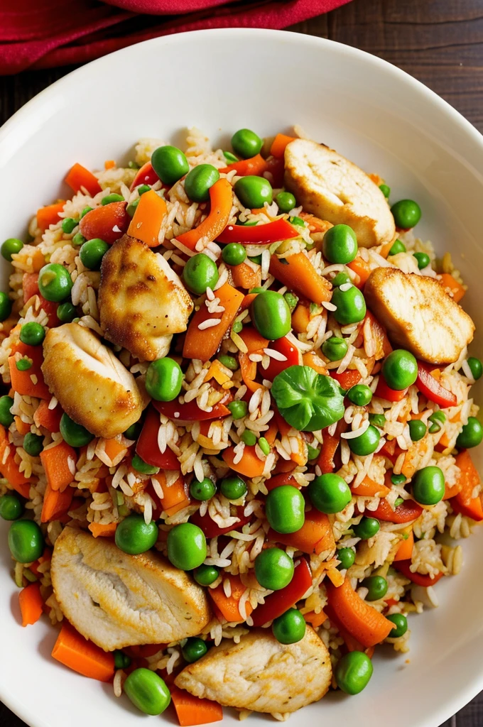 Generate an image of Schezwan fried rice with small-sized vegetables and chicken in a paper box, giving it a spicy and fiery appearance. The fried rice should have visible chili flakes or chopped red chili peppers to signify spiciness. The vegetables like carrots, peas, and bell peppers should be small and colorful, adding to the visual appeal. The chicken pieces should be tender and mixed evenly throughout the rice. The presentation should make the dish look hot and flavorful, suitable for those who enjoy spicy food."