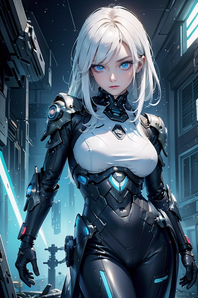 ((Cyberpunk women images))，Dynamic pose、(masterpiece:1.4, highest quality, Dutch Angle)(One girl, alone)（White hair that changes with the light、Smooth and straight hair、WHITE hair fluttering in the wind）、（beautiful, Glowing Skin、Cheek gloss highlighter、Sexy and very beautiful and adorable face、世界で最もbeautiful顔、big, Sparkling blue eyes）、（Cute 25 year old girl、Ample breasts、Narrow waist、Delicate shoulders、Perfect figure）（Overall dark、Abandoned futuristic city、End of the Century World、Traces of war、Caves、ruins）(Futuristic combat suit、Battle Armor、Highly decorated battle suit)