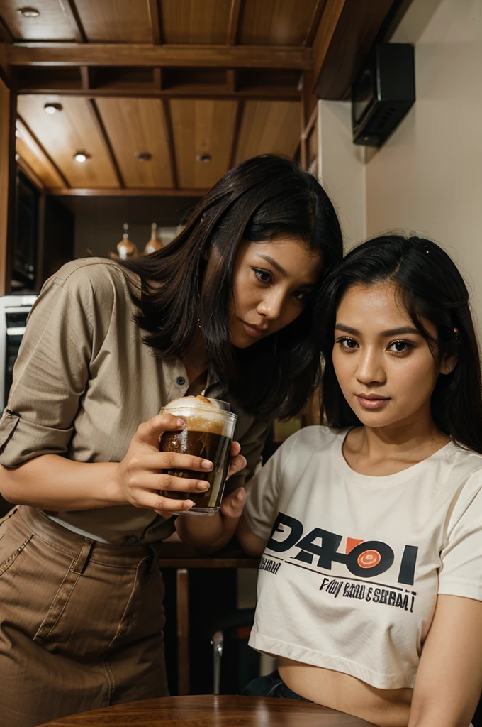 Buatkan sebuah logo dengan icon utama secangkir kopi di dalam sebuah lingkaran dengan asap keluar di atasnya, it says "Friends of KOPI" in the middle, retro logo