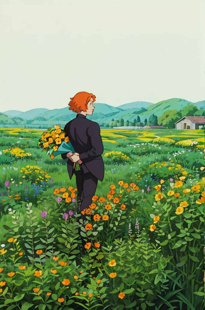 A man with orange hair wearing black clothes poses for a photo while standing in a green meadow, Holding a bouquet of yellow flowers in his hand，Beautiful Latin face, Ghibli style, ((masterpiece)),((best quality)),(detailed),illustration,8K,rich and colorful, High contrast