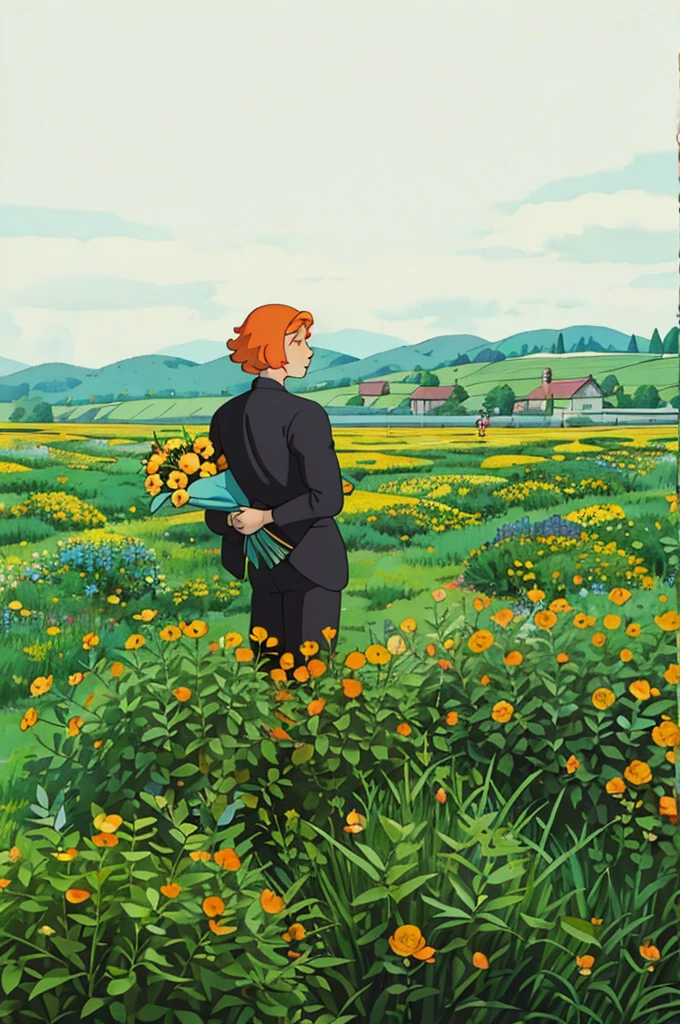 A man with orange hair wearing black clothes poses for a photo while standing in a green meadow, Holding a bouquet of yellow flowers in his hand，Beautiful Latin face, Ghibli style, ((masterpiece)),((best quality)),(detailed),illustration,8K,rich and colorful, High contrast