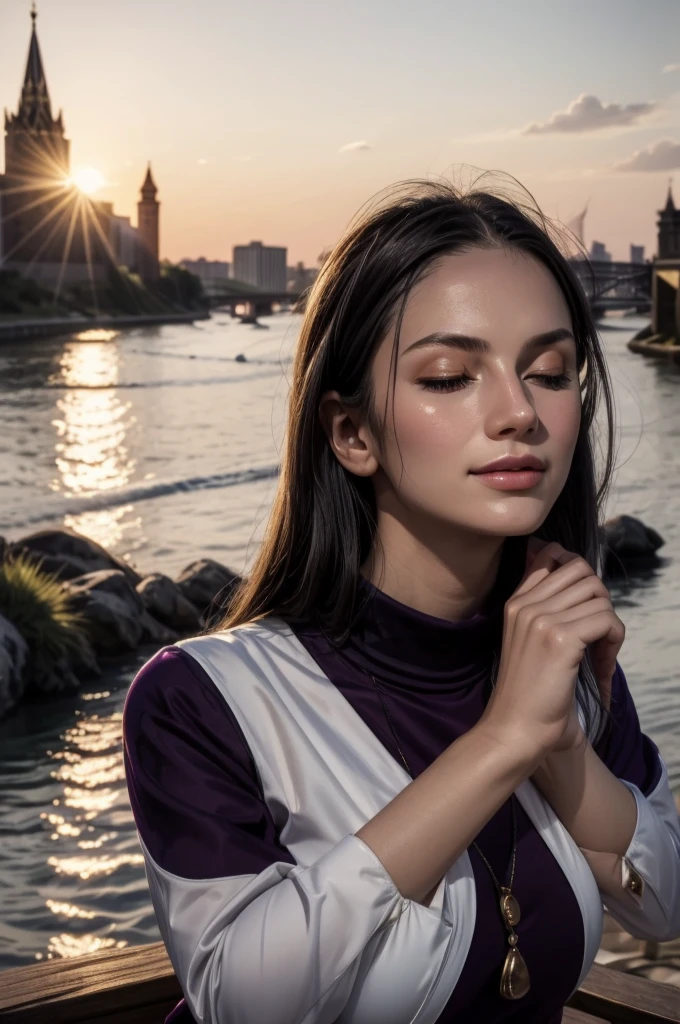 masterpiece, best quality, extremely detailed, hyperrealistic:1.1, photorealistic, a beautiful 20s russian model, ultra detailed face:1.1, sunglasses on head:1.1, purple mock neck t-shirt:1.1, black hair, x-arms:1.3, eye closed:1.3, city, river, in the sunset, warm smile, dynamic angle
