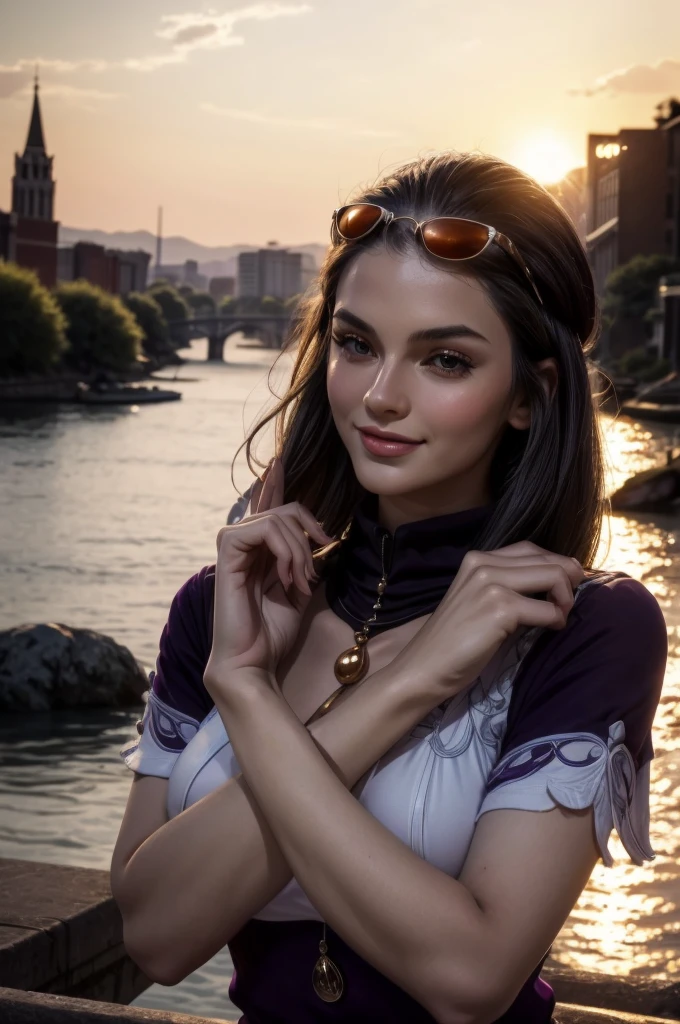 masterpiece, best quality, extremely detailed, hyperrealistic:1.1, photorealistic, a beautiful 20s russian model, ultra detailed face:1.1, sunglasses on head:1.1, purple mock neck t-shirt:1.1, black hair, x-arms:1.3, eye closed:1.3, city, river, in the sunset, warm smile, dynamic angle