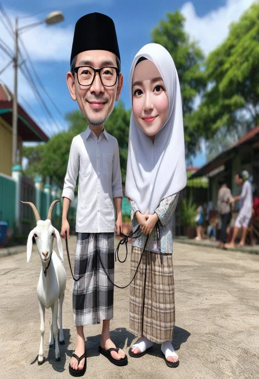Real realistic 4D caricature photo, big head, full body, photo of a couple with Asian faces, adult male, 50 years old, thin body,clean face, clear glasses, 1wearing a black skullcap,, wearing a white Koko Muslim shirt, flannel patterned sarong, flip-flops,shoes, adult woman, 40 years old, wearing the hijab, wearing a white Muslim robe, standing in a pose facing the front while leading a goat , with the front yard of the mosque in the background.