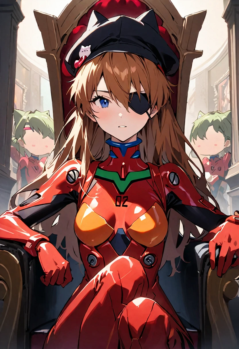 masterpiece, highest quality, Illustration of the novel, High resolution, 18+ Adult content, Sensual, Intimate, Emotional, Passionate, romantic, sweet, Adorable, Innocent, Pure, Charmな, Charmな, Charm, Mysterious, Charmな, Charmな, Immersive, Charmな, dream-like, Surreal, Imaginative, Whimsical, artistic, Avant-garde, timeless, elegant, Sophisticated, chic, Sophisticated, personality, original, Charmな1人の女の子, Soryu Asuka Langley, Neon Genesis EVANGELION, Evangelion New Theatrical Version, Lance of Longinus, Cat hat, Plug Suit, Pilot Suit, Red bodysuit, Sitting, Crossing your legs, Black eyepatch, Throne, Looking down, From below, View Viewer, Outdoor, masterpiece, highest quality, so beautiful, Absurd、((Upper Body:1.3))