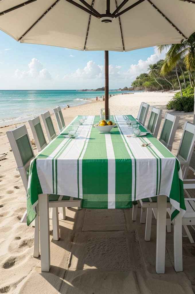 long table without chairs cover with a striped green and white towel and a striped green and white umbrella on the beach