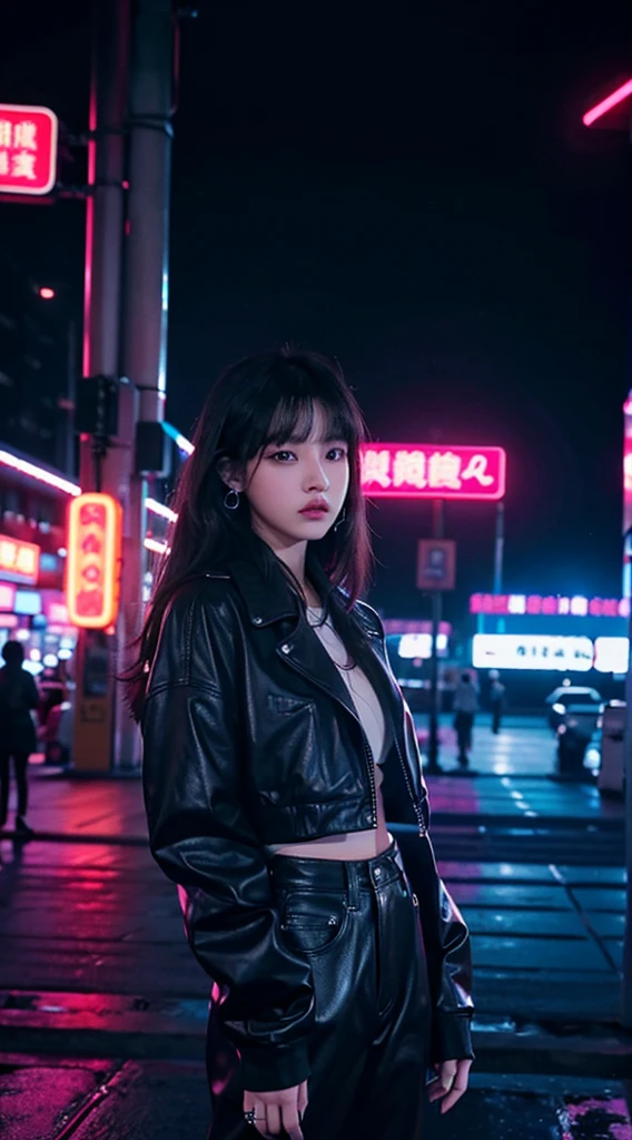 There is a woman standing in front of a neon light, The picture is inspired by Ni Yuanlu, CG social trends, trending art, Roseanne Park by blackpink, Popular topics on cgstation, gas station trends, josie from blackpink, Keda, black pink josie'portrait of, Nam Jae-yeon, Xision Wu, sun yunjoo
