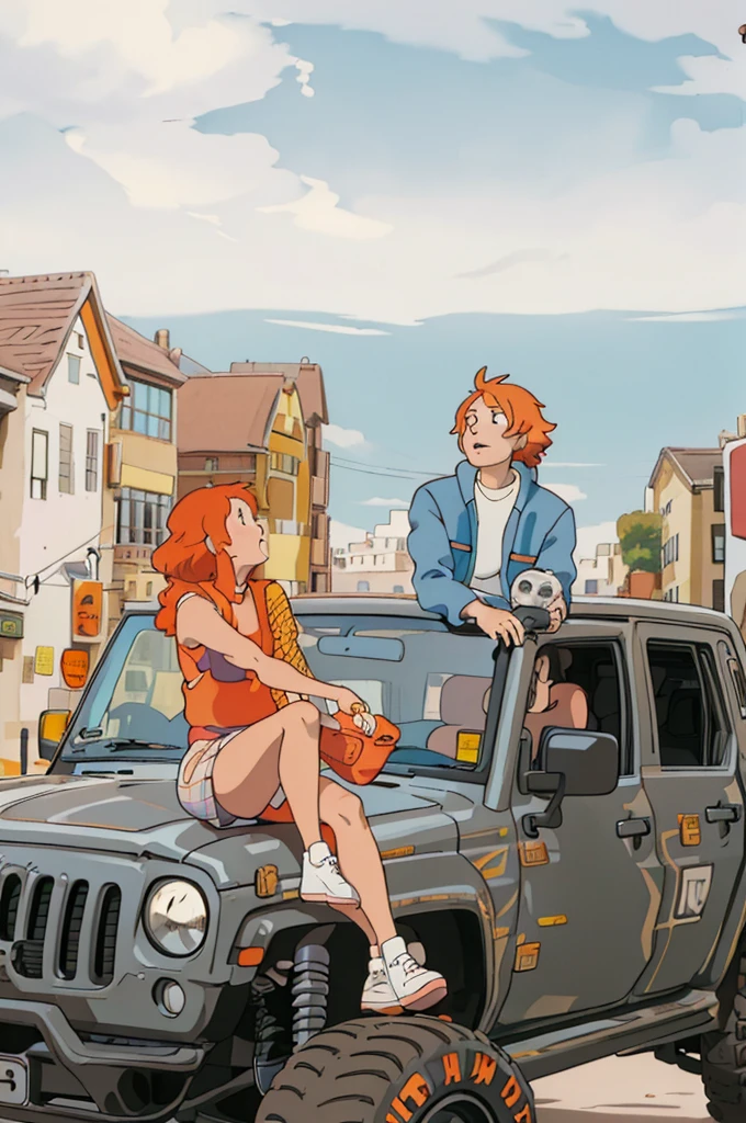 An orange-haired girl and a boy sitting in a car,Street corners in the city, Ghibli style, ((masterpiece)),((best quality)),(detailed),illustration,8K,rich and colorful, High contrast