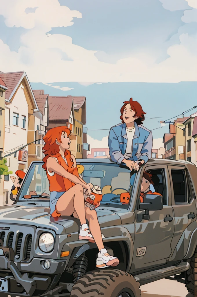 An orange-haired girl and a boy sitting in a car,Street corners in the city, Ghibli style, ((masterpiece)),((best quality)),(detailed),illustration,8K,rich and colorful, High contrast