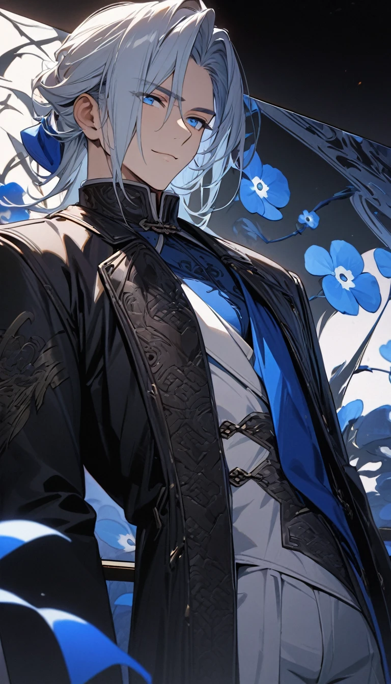 (masterpiece:1.5),best quality,(1 Handsome man),alone,white medium length hair,(blue eyes), (A soft smile),perfect face,Fantasy Chinese style,Long black trench coat,white and blue cloth,Complex clothing design with Chinese elements,Black leather gloves,white lining,White suit pants,Slightly muscular body,High,8K,Beautiful contrast of light and shadow,Dark luxury background,(complete upper body),Positive face,((Nemophila)),luxury screen,blue flowers