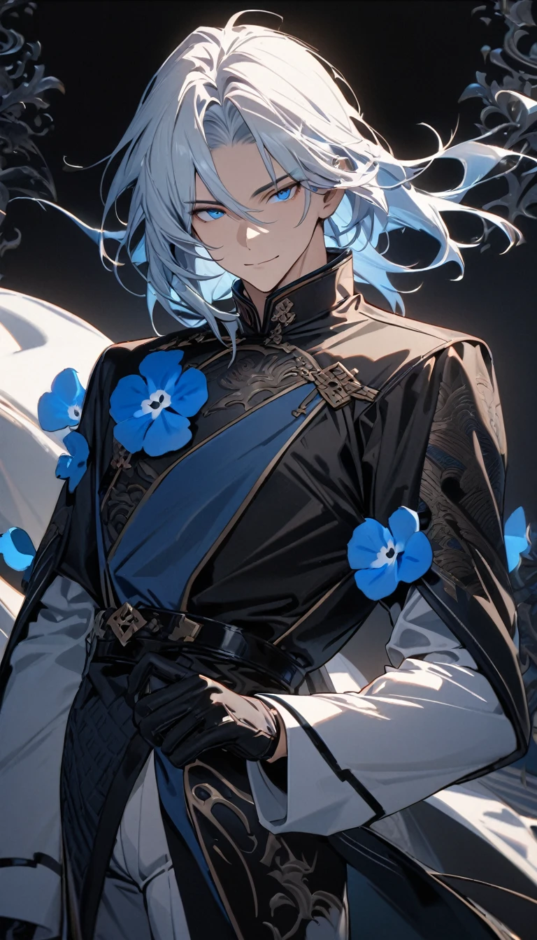 (masterpiece:1.5),best quality,(1 Handsome man),alone,white medium length hair,(blue eyes), (A soft smile),perfect face,Fantasy Chinese style,Long black trench coat,white and blue cloth,Complex clothing design with Chinese elements,Black leather gloves,white lining,White suit pants,Slightly muscular body,High,8K,Beautiful contrast of light and shadow,Dark luxury background,(complete upper body),Positive face,((Nemophila)),luxury screen,blue flowers