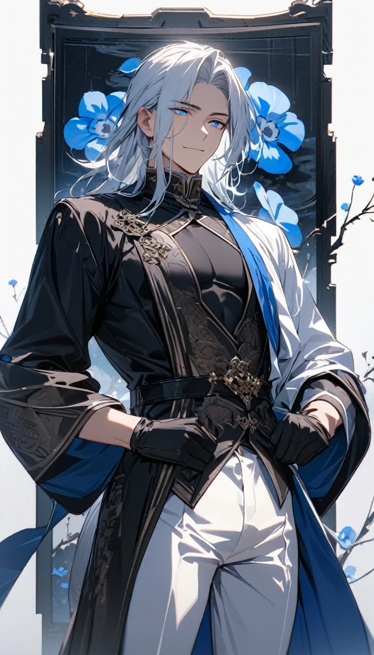 (masterpiece:1.5)，best quality，(1 Handsome man)，alone，white medium length hair，(blue eyes), (A soft smile)，perfect face，Fantasy Chinese style，Long black trench coat，white and blue cloth，Complex clothing design with Chinese elements，Black leather gloves，white lining，White suit pants，Slightly muscular body，High，8K，Beautiful contrast of light and shadow，Dark luxury background，(complete upper body)，Positive face，((Nemophila))，luxury screen，blue flowers