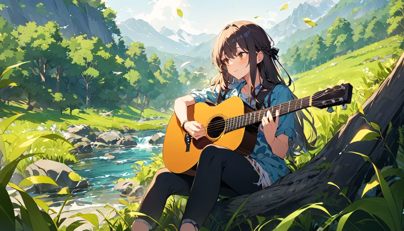 Girl playing acoustic guitar in nature