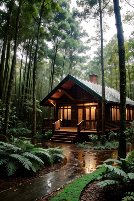 Home in forest and raining