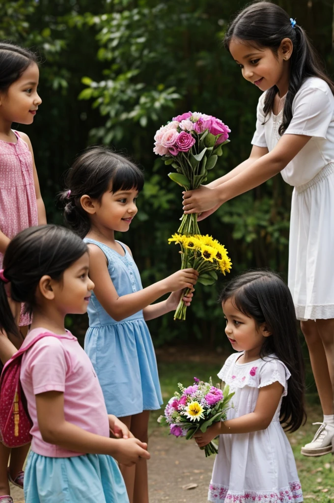 Children give flowers to mother