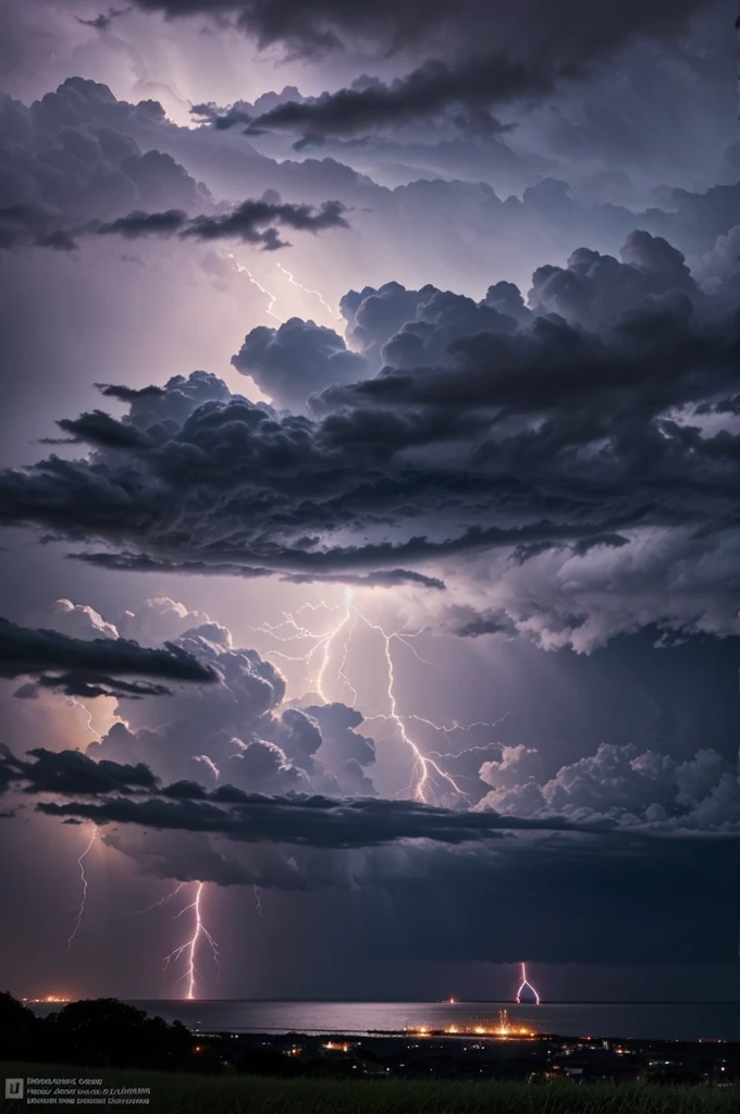 A stormy night with lightning illuminating a dark sky