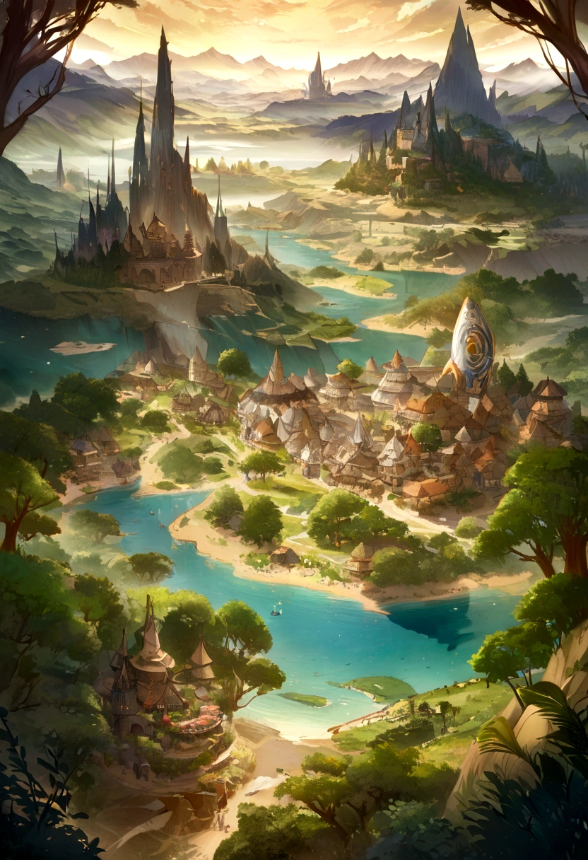 (best quality,4k,8k,highres,masterpiece:1.2),ultra-detailed,realistic,beautifully illustrated fantasy world map,with 4 continents seamlessly interconnected,vibrant colors and intricate details,ancient ruins and mystical landmarks scattered throughout,the map depicts a diverse range of geographical features such as towering mountains,expansive forests,glistening rivers,and vast deserts, each continent showcases its unique culture and civilization,from the bustling cities of the technologically advanced continent to the serene villages of the magical realm,an enchanting atmosphere fills the map,with whimsical creatures inhabiting every corner, from majestic dragons soaring in the skies to mischievous fairies hidden in the lush vegetation,the map is bathed in warm golden light,illuminating the breathtaking landscape with a sense of wonder and adventure.