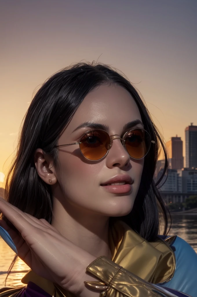 masterpiece, best quality, extremely detailed, hyperrealistic:1.1, photorealistic, a beautiful 20s russian model, ultra detailed face:1.1, sunglasses on head:1.1, purple mock neck t-shirt:1.1, black hair, x-arms:1.3, eye closed:1.3, city, river, in the sunset, warm smile, dynamic angle
