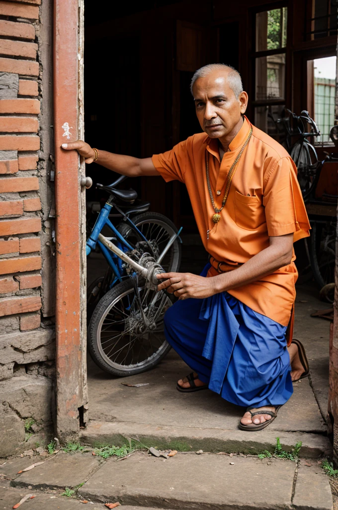 Hindu priest repair bycycle
