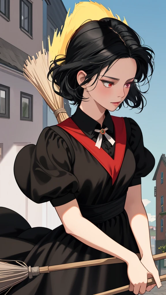 Ghibli-style animation. The Witch's Delivery Service. In the streets of Sweden. A girl. A black dress. Black hair. Short cut. A big red ribbon on her head. A broom in her hand. High quality. 4K quality.